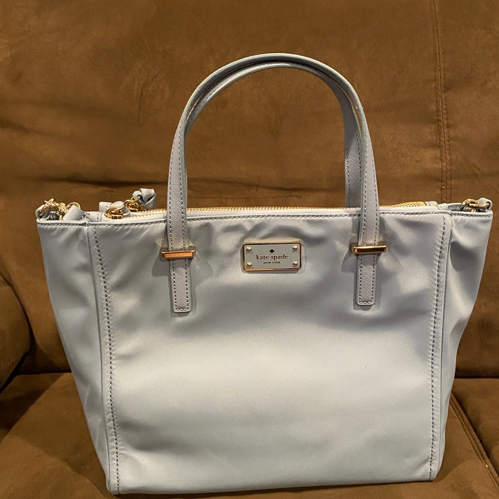 kate spade light blue nylon tote with gold hardware